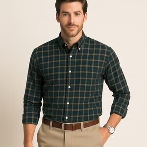 IZOD Sueded Poplin Plaid Button Down Shirt XL Green Beige NWT‎